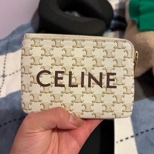 Celine Triomphe Cream Canvas Coin and Card Pouch